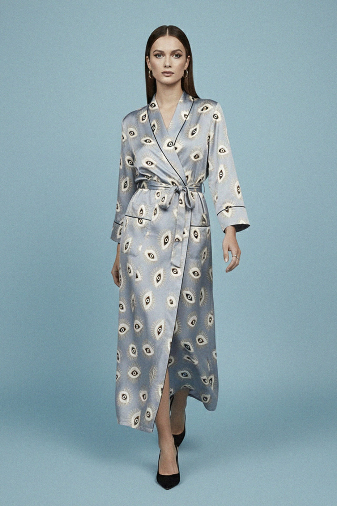 evil eye pattern, shahida parides, womens luxury robe, santorini clothing, boho goddess wear, silk style duster, resort chic look, designer womens coat, island luxe fashion, grey print robe, elegant travel wear