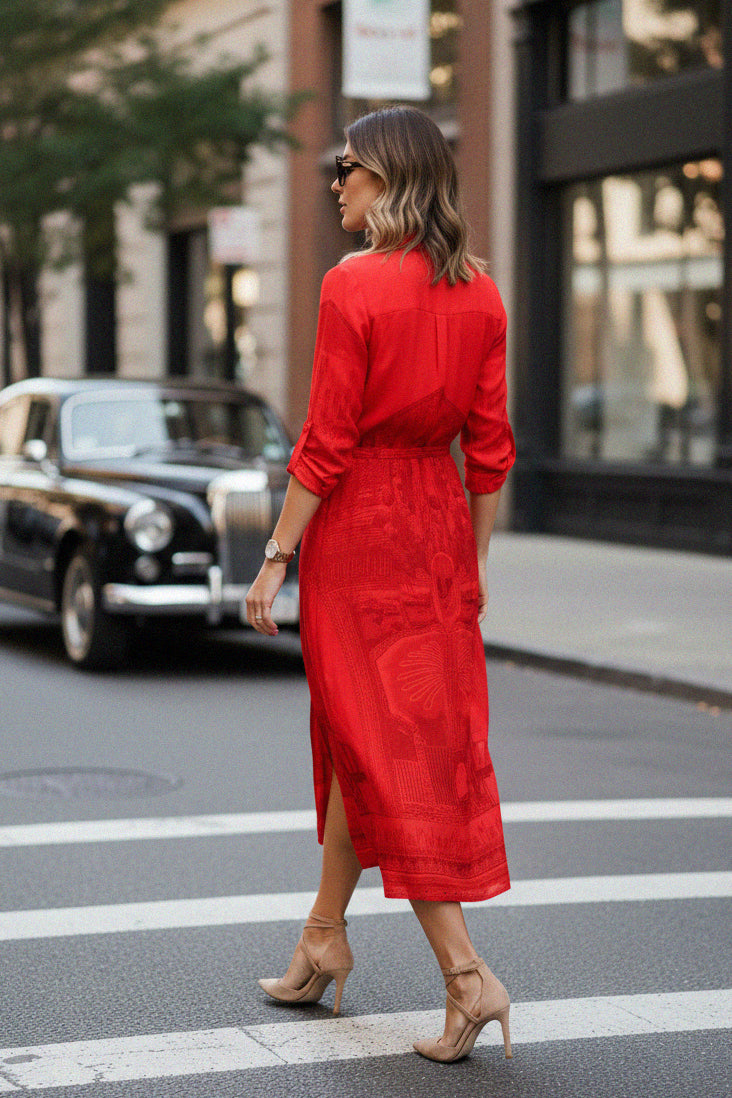 Shahida Parides elegant red midi shirt dress for women back pose with belted detail chic outfit for day to night style