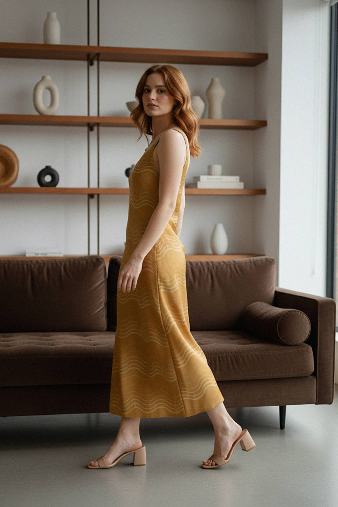 left view dress, resort slip style, womens silk fashion, elegant stripe cami, golden midi dress