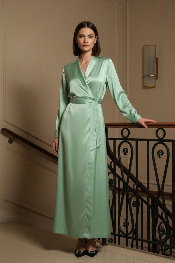 shahida parides, wrap maxi dress, mint satin gown, long sleeve dress, elegant evening wear
