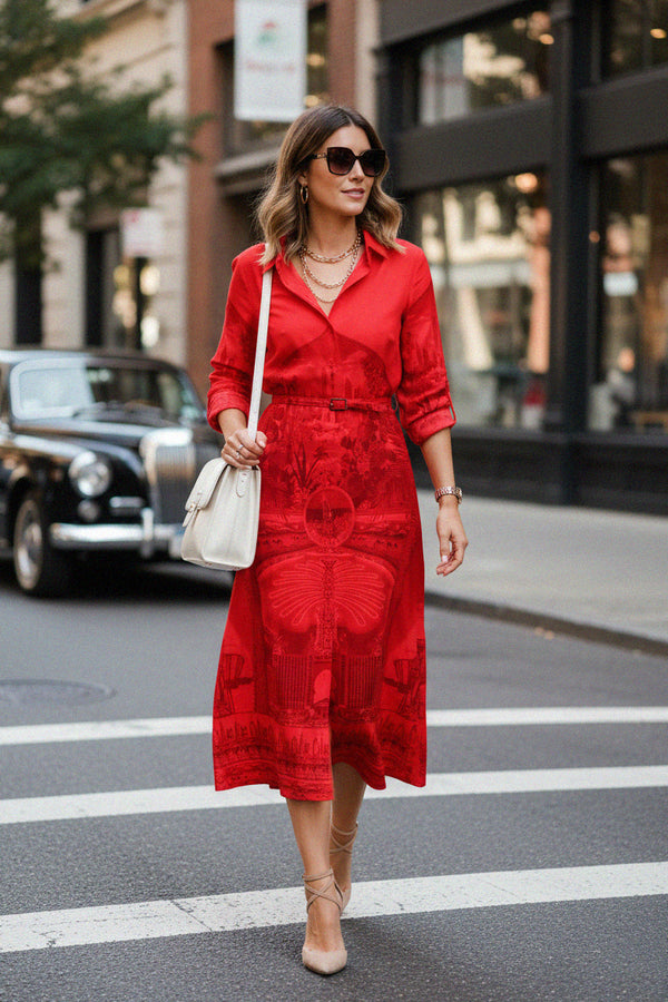 Shahida Parides midi red shirt dress for women elegant belted collared design perfect for street style or evening outfits