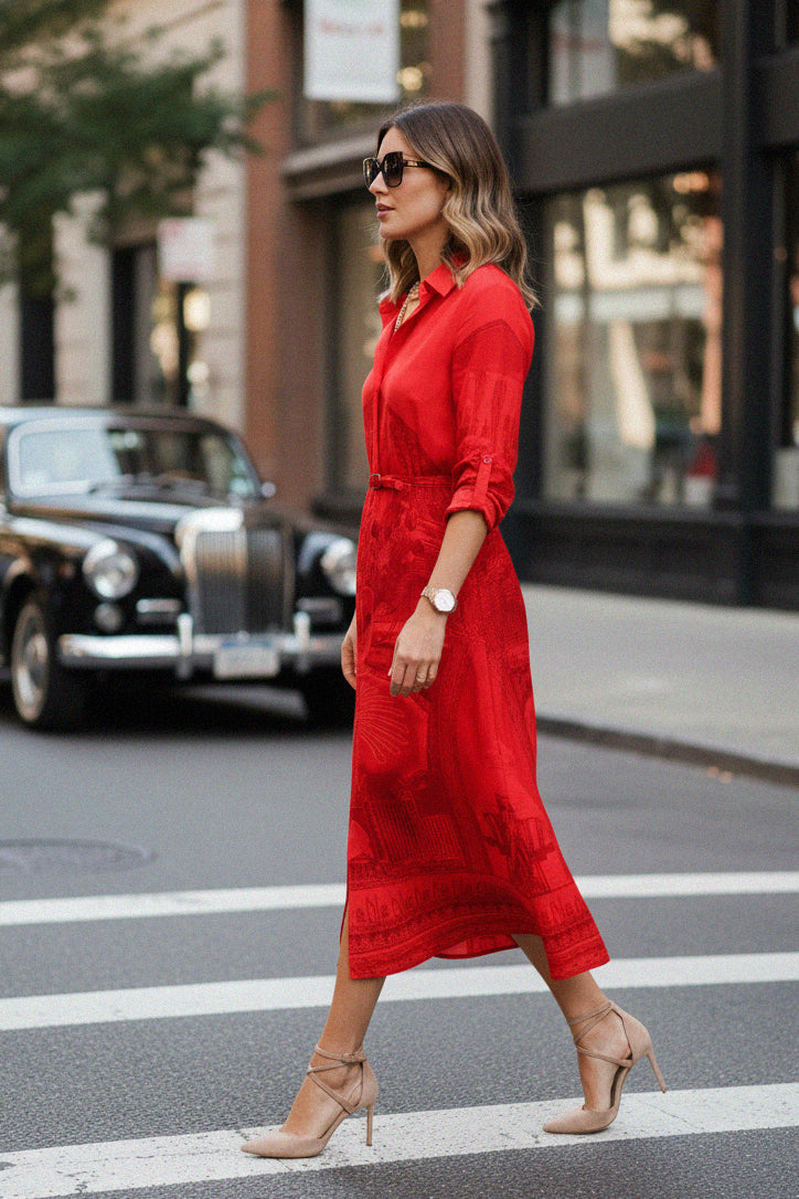 Shahida Parides midi red shirt dress for women left side pose elegant belted collared design perfect for evening or casual look