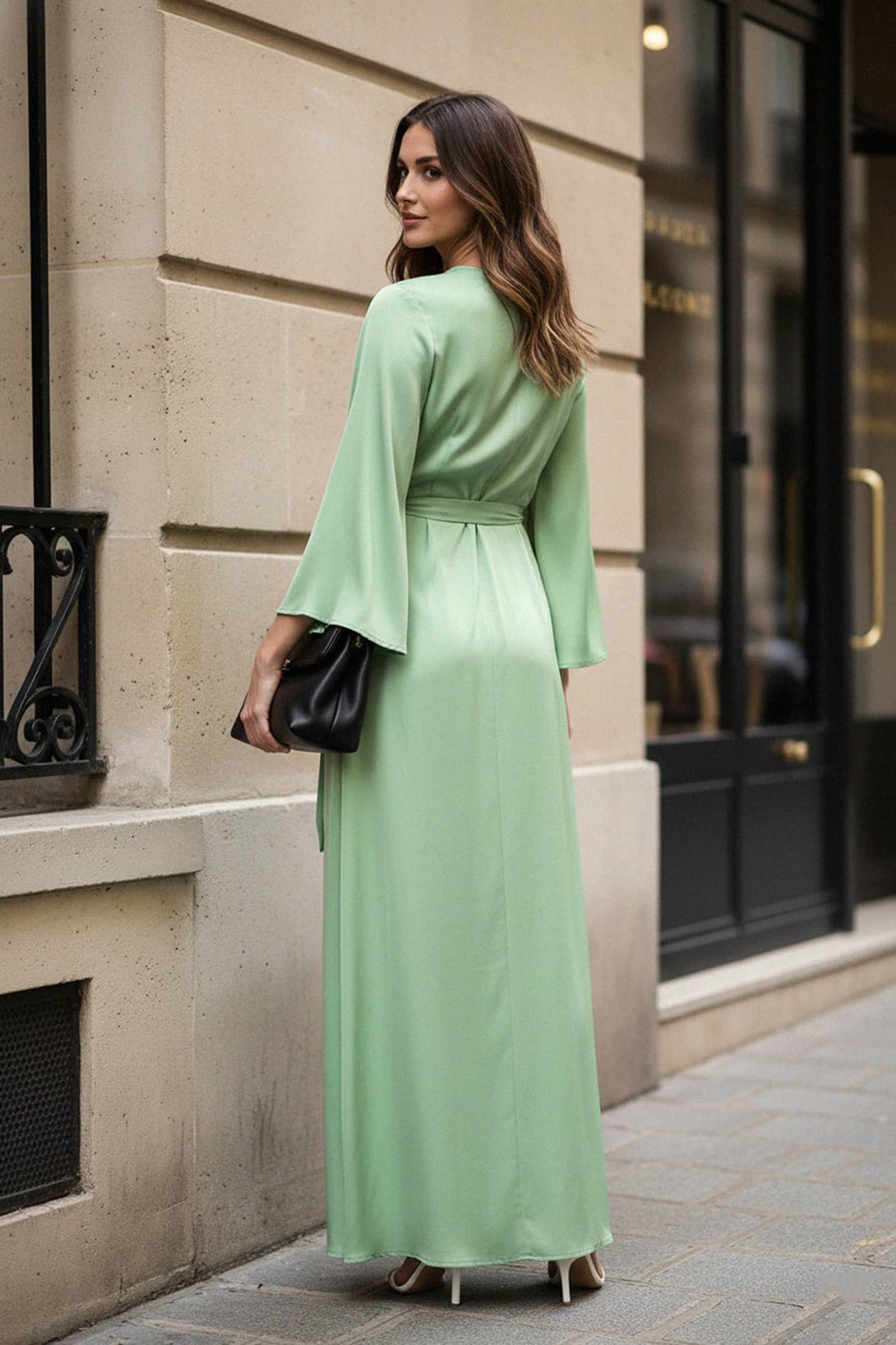 shahida parides, mint silk, back view, wrap gown, satin movement, eco chic, elegant maxi