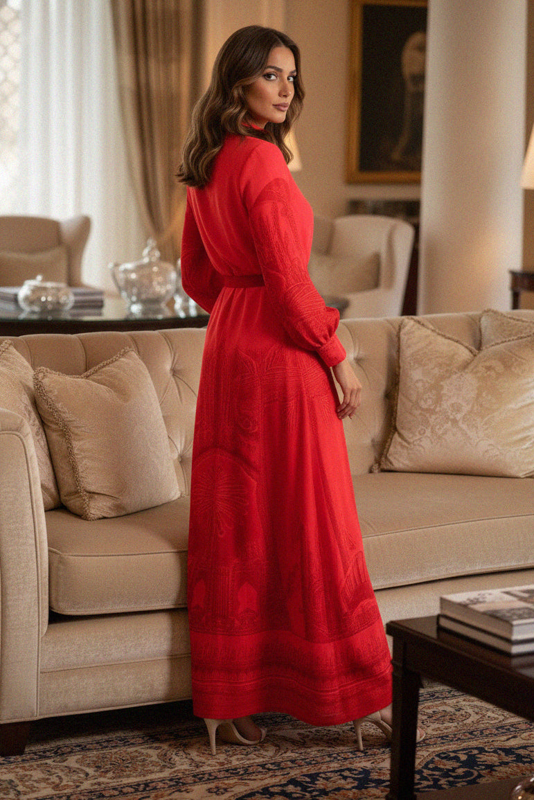 Shahida Parides red maxi shirt dress for women back pose, a luxury evening outfit styled with a matching belt