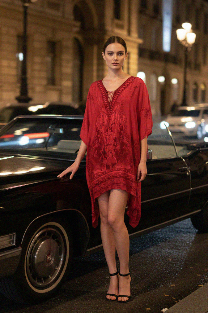 Shahida Parides red short kaftan dress with lace up neckline evening city look stylish boho chic outfit