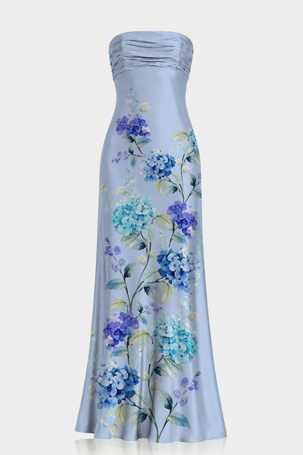 S Blue Floral Print Strapless Satin Maxi Dress