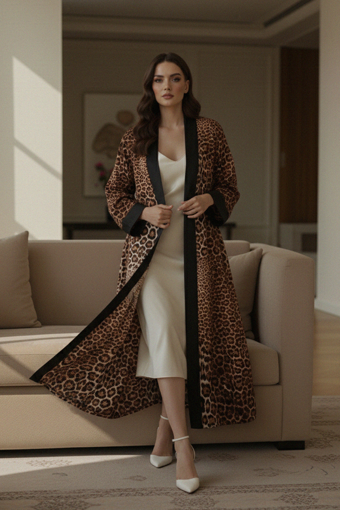 Shahida-parides silk kimono, animal print robe, long womens kimono, leopard fashion robe, luxury silk robe