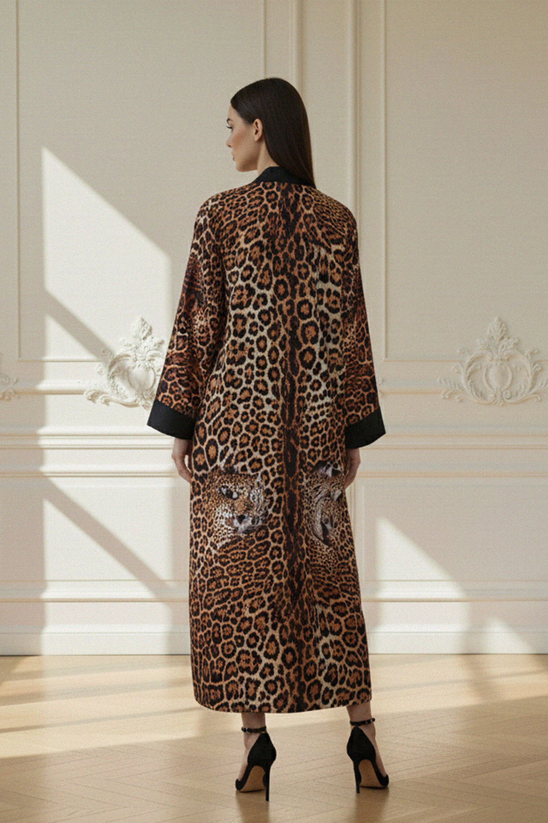 long leopard robe Shahida-parides, silk animal kimono, womens luxury robe, designer silk kimono, chic animal print, celebrity fashion robe