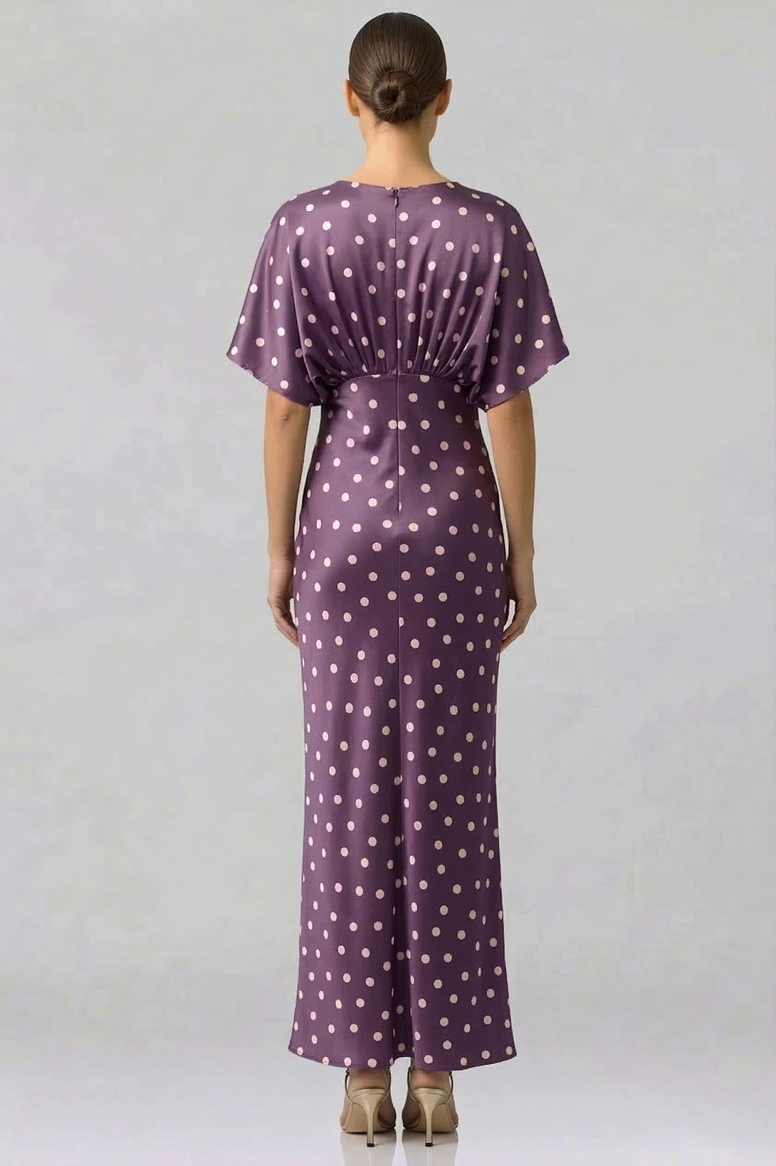Standard / XS Plum Polka Dot Deep-V Flutter-Sleeve Satin A-Line Wedding Guest Dress Standard / XS Plum Polka Dot Deep-V Flutter-Sleeve Satin A-Line Wedding Guest Dress