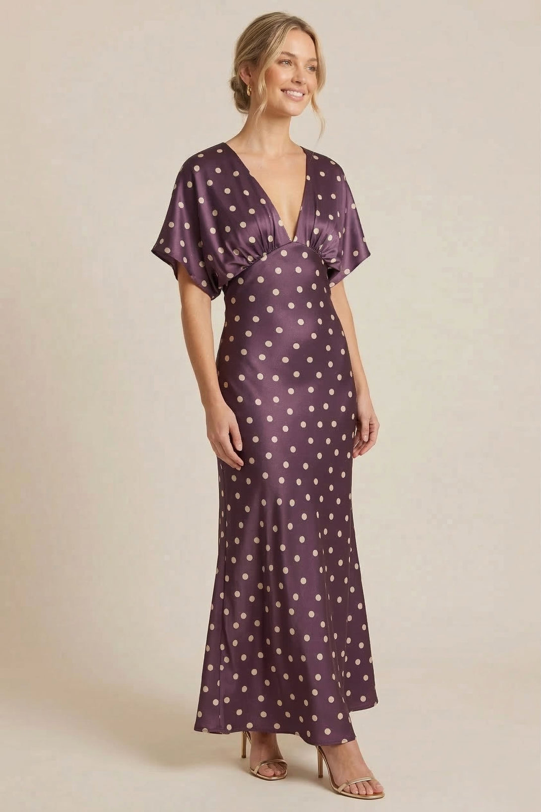 Standard / XS Plum Polka Dot Deep-V Flutter-Sleeve Satin A-Line Wedding Guest Dress
