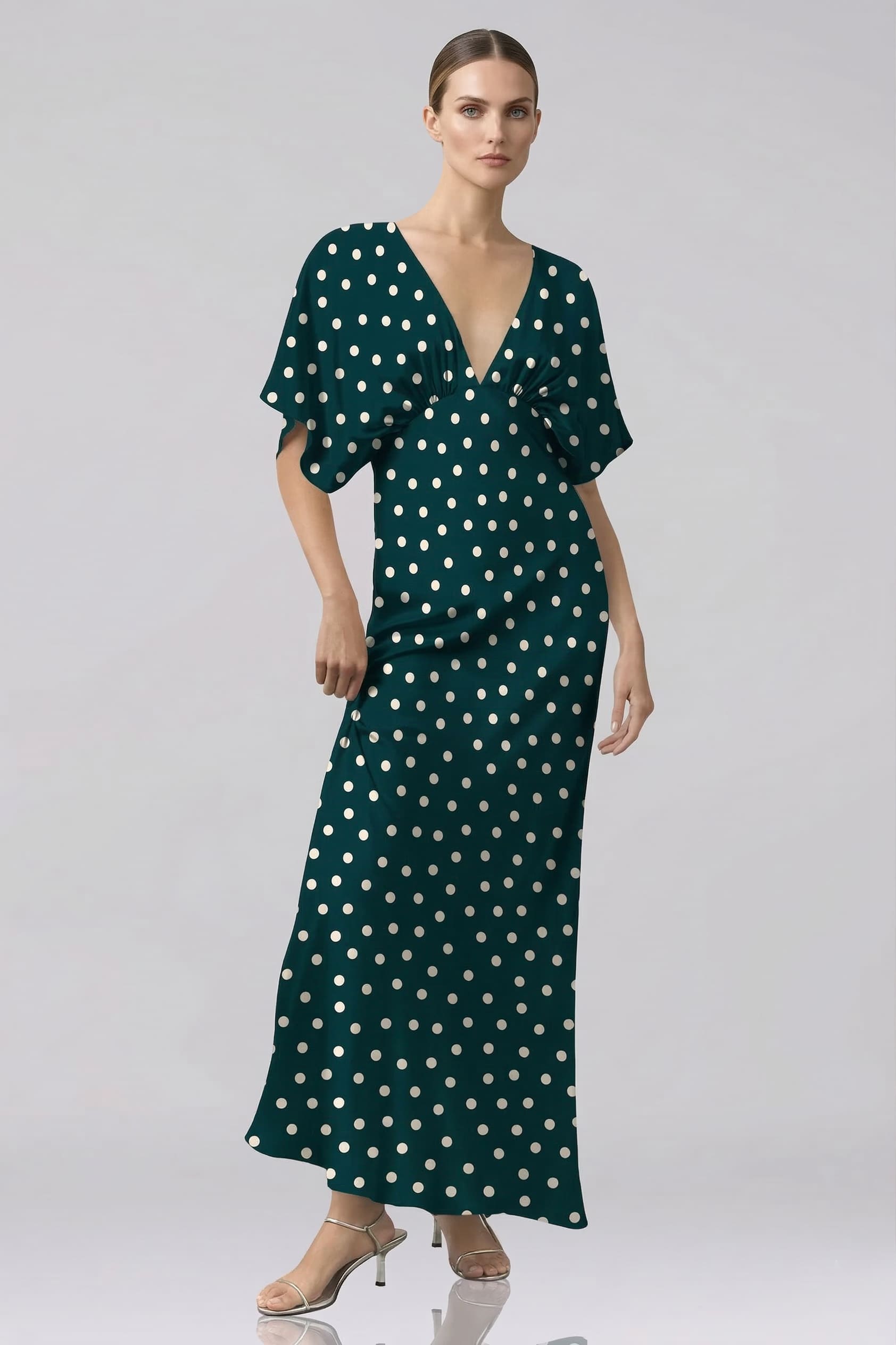 Standard / XS Teal Green Polka Dot Deep-V Flutter-Sleeve Satin A-Line Wedding Guest Dress