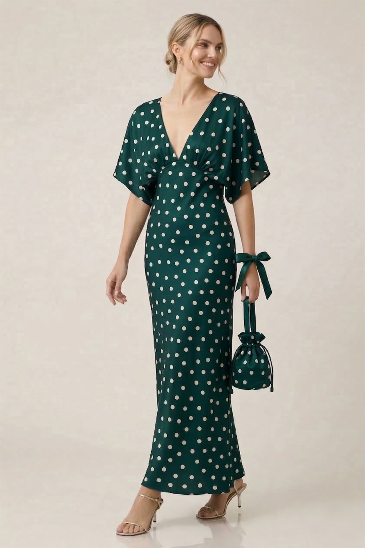 Standard / XS Teal Green Polka Dot Deep-V Flutter-Sleeve Satin A-Line Wedding Guest Dress