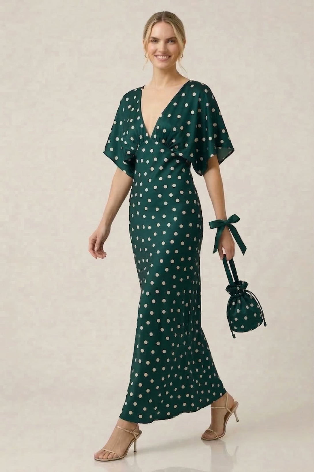 Standard / XS Teal Green Polka Dot Deep-V Flutter-Sleeve Satin A-Line Wedding Guest Dress