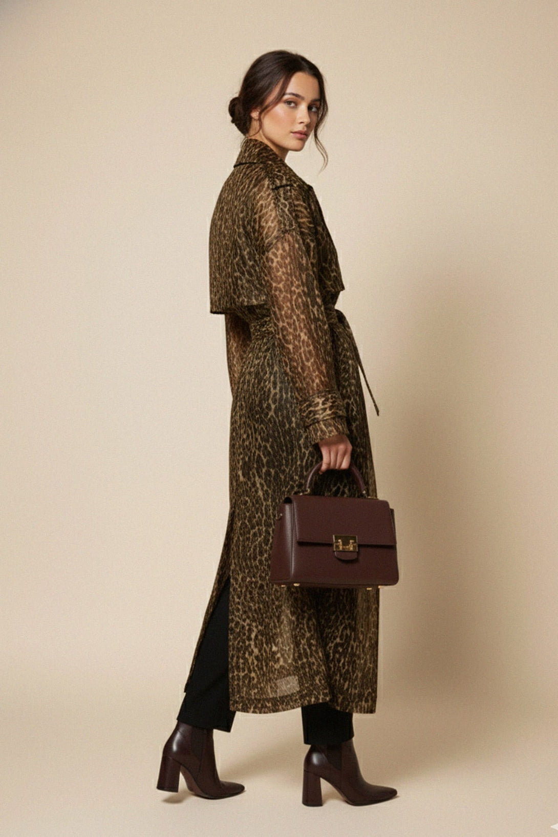 women’s leopard print organza coat with belt, Shahida,