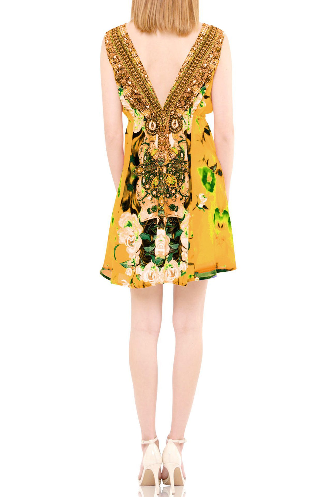  short yellow dress, Shahida Parides, sexy mini dresses for women, sleeveless mini dress, floral mini dress,