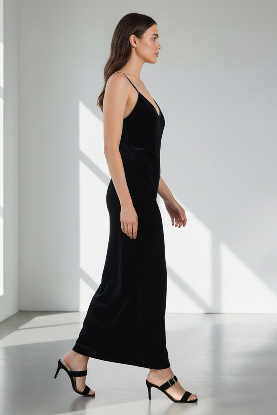 side angle dress, velvet maxi, elegant drape, evening fashion, black slip, feminine silhouette
