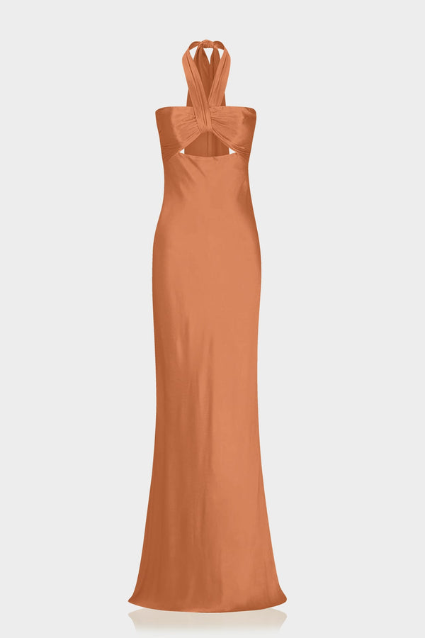 S Sienna Contemporary Halter Formal Satin Maxi Dress