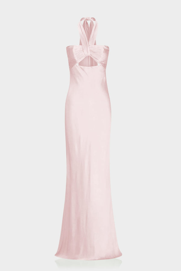 matte silk halter maxi dress S Designer Burgundy Satin with Neck & Front Cut Out Inspired by luxury designer eveningwear Phyllis Satin Halter Maxi Dress