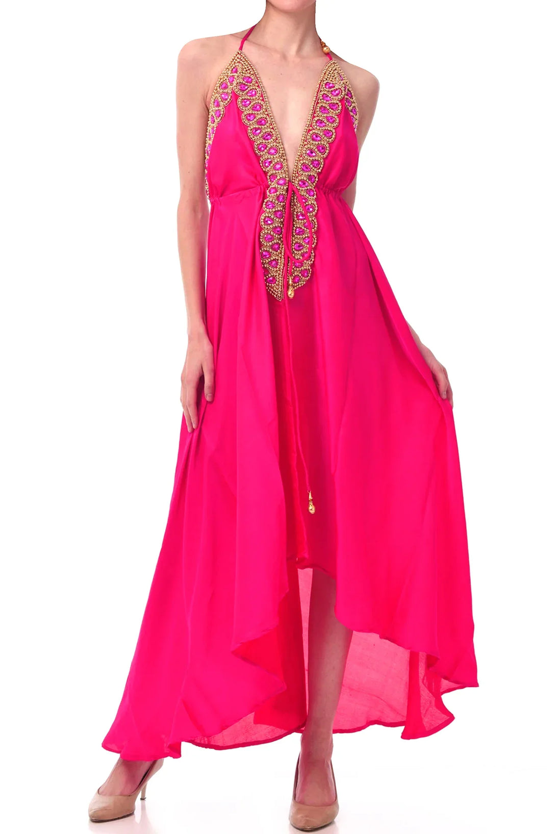 Soft Blush Pink Hand-Embroidered Scarf Maxi Dress