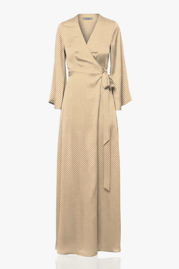 Standard / S Soft Camel Polka Dot Satin Maxi Wrap Dress for Plus Size Women
