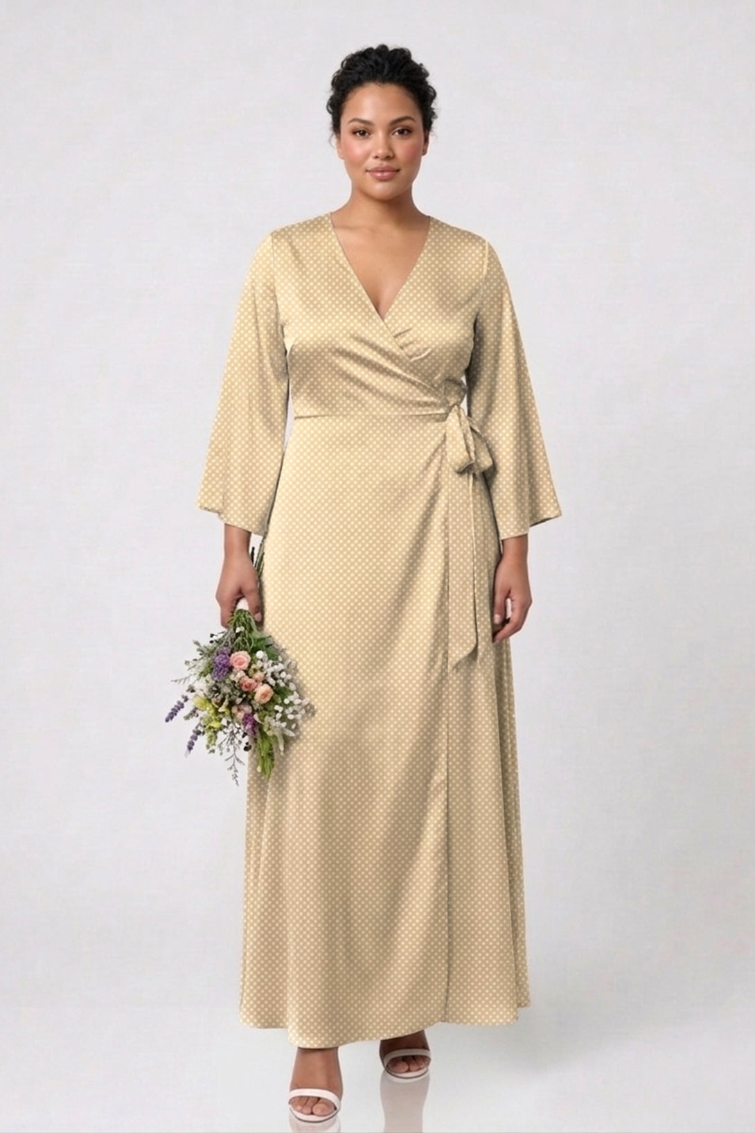 Standard / S Soft Camel Polka Dot Satin Maxi Wrap Dress for Plus Size Women