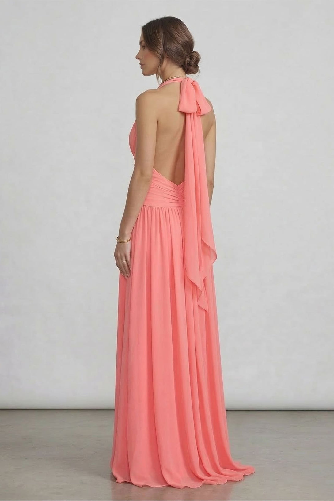 chiffon halter bridesmaid dress Soft Coral Halter Chiffon Bridesmaid Maxi Dress