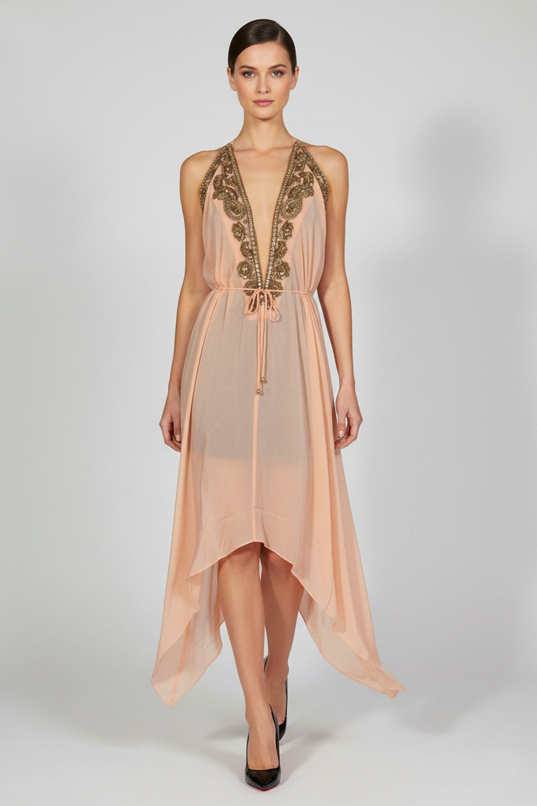 One Size Soft Coral Ornate Embroidered Scarf Midi Dress One Size Soft Coral Ornate Embroidered Scarf Midi Dress