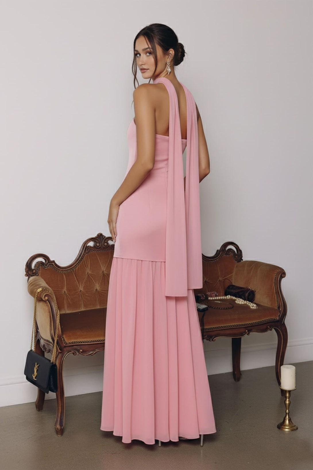 Flowy Pale Pink Chiffon Dress Eileen Blush Pink Chiffon Halter Bridesmaid  Dress Birdy Grey