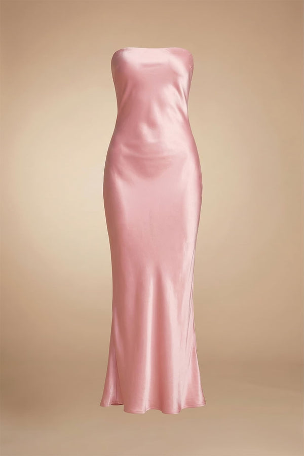 S Blush Pink Satin Strapless Dress for Wedding Guest