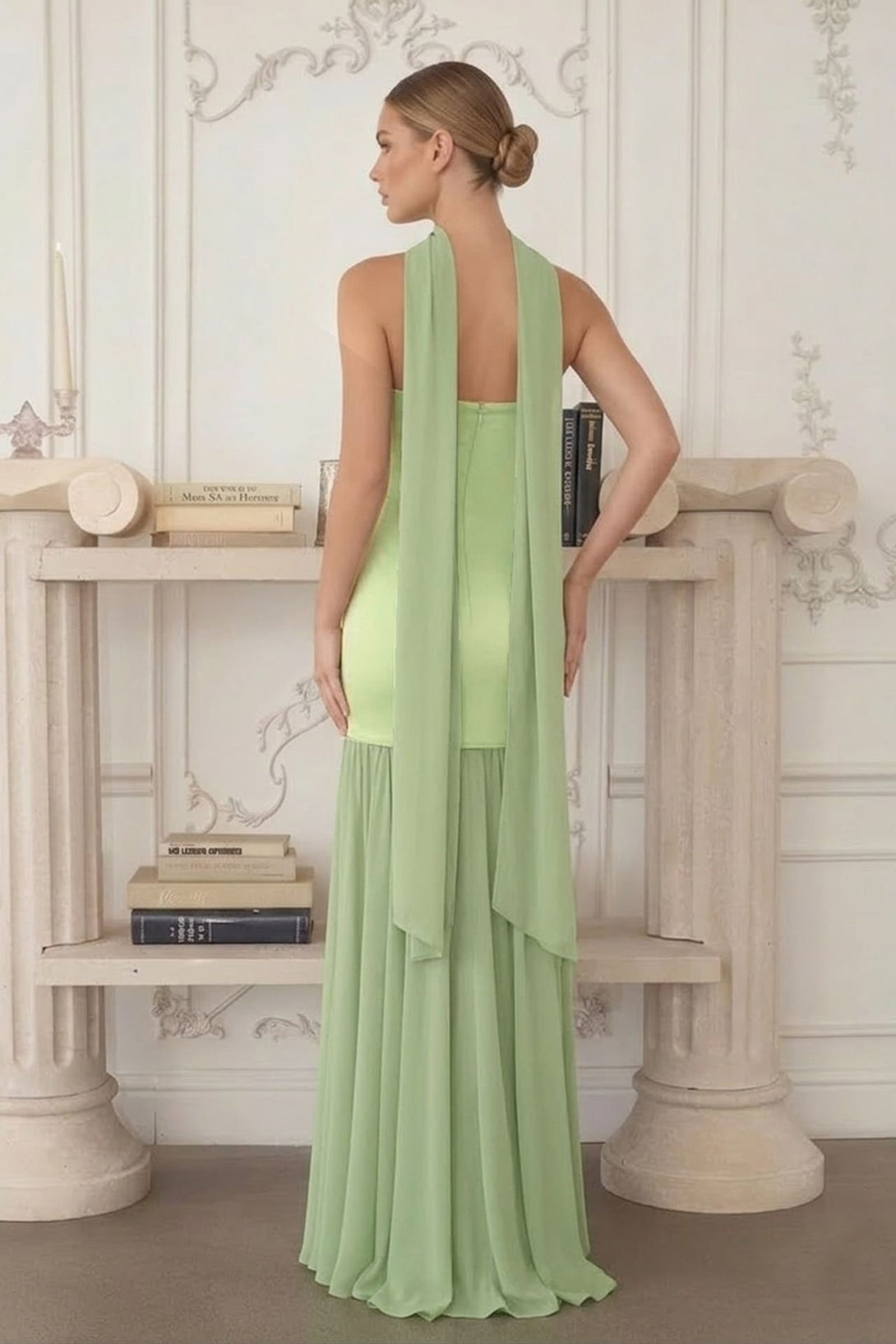 S Sage Satin Strapless Chiffon Maxi Dress