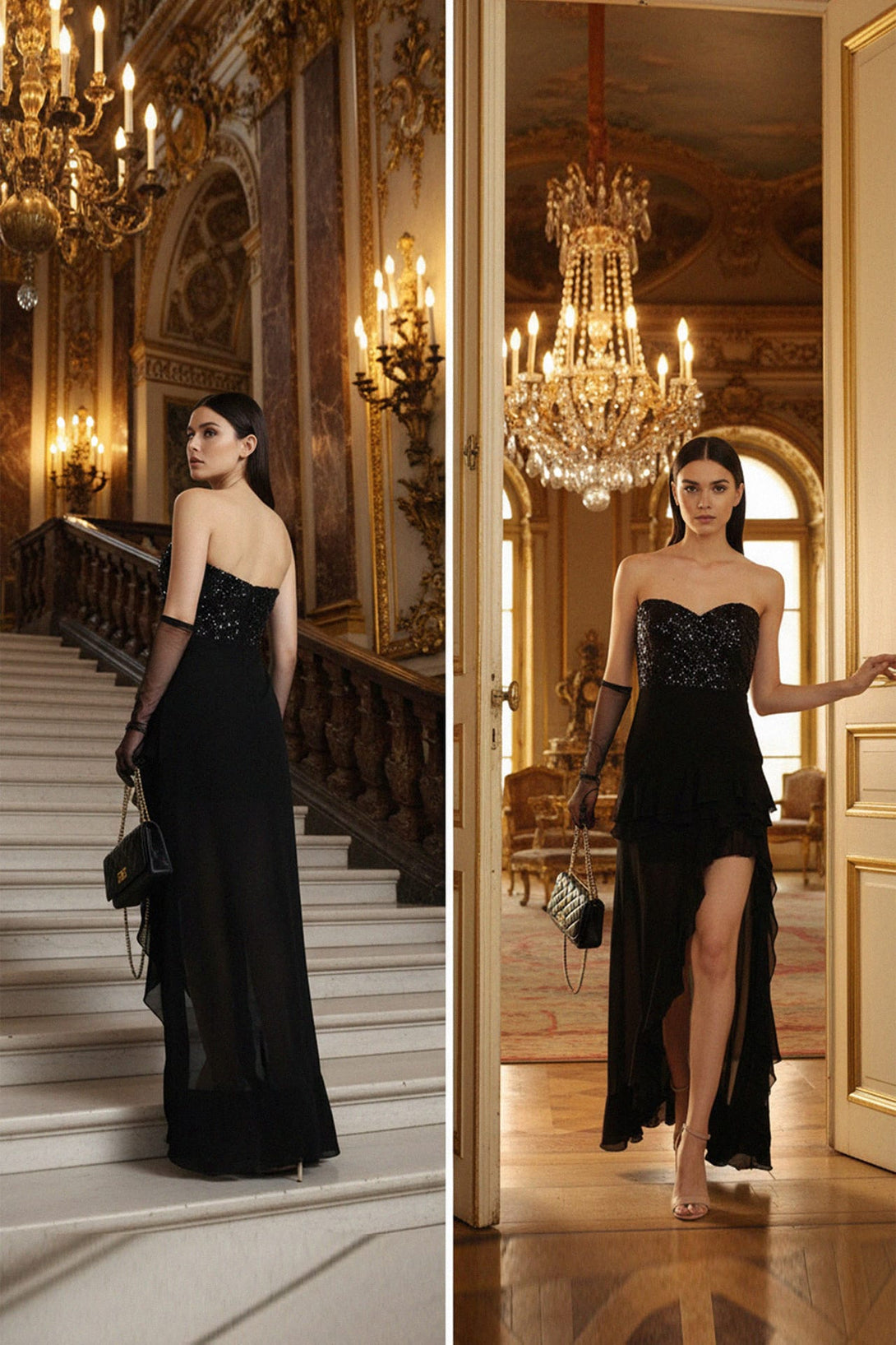 Shahida Parides, strapless sequin high-low dress with flared hem for cocktails,