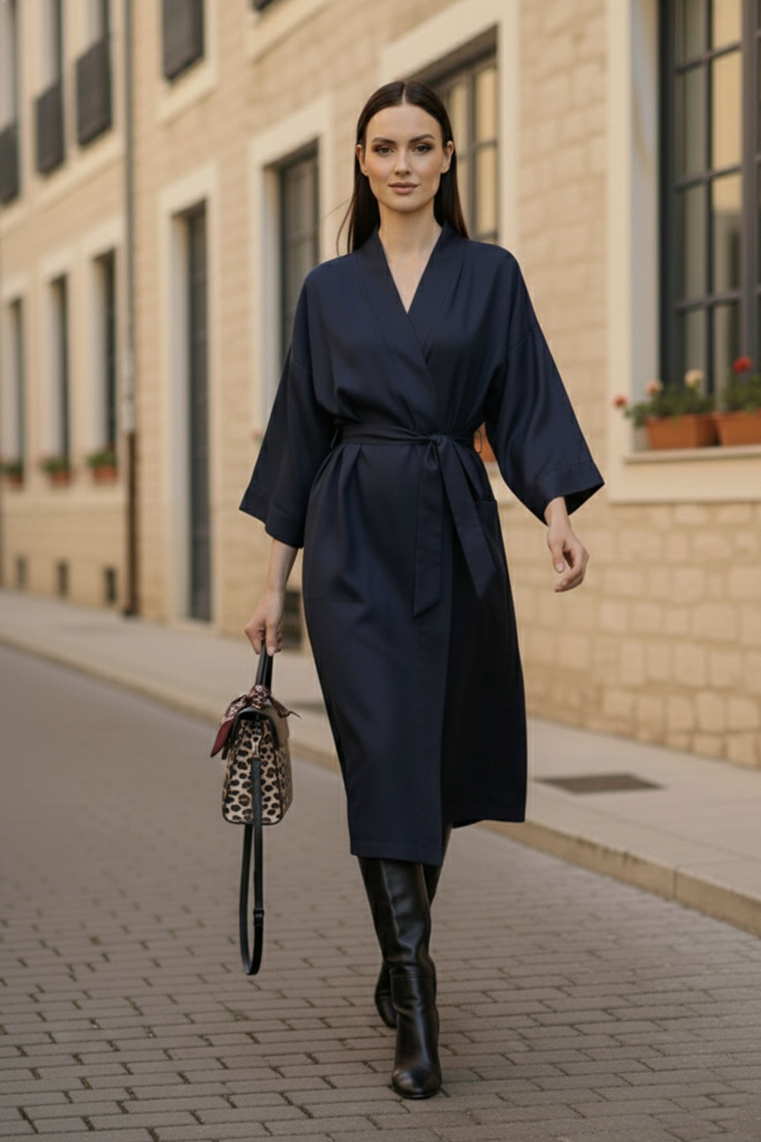 stylish navy dress, wrap tie dress, modern women style, chic everyday outfit, fall street fashion