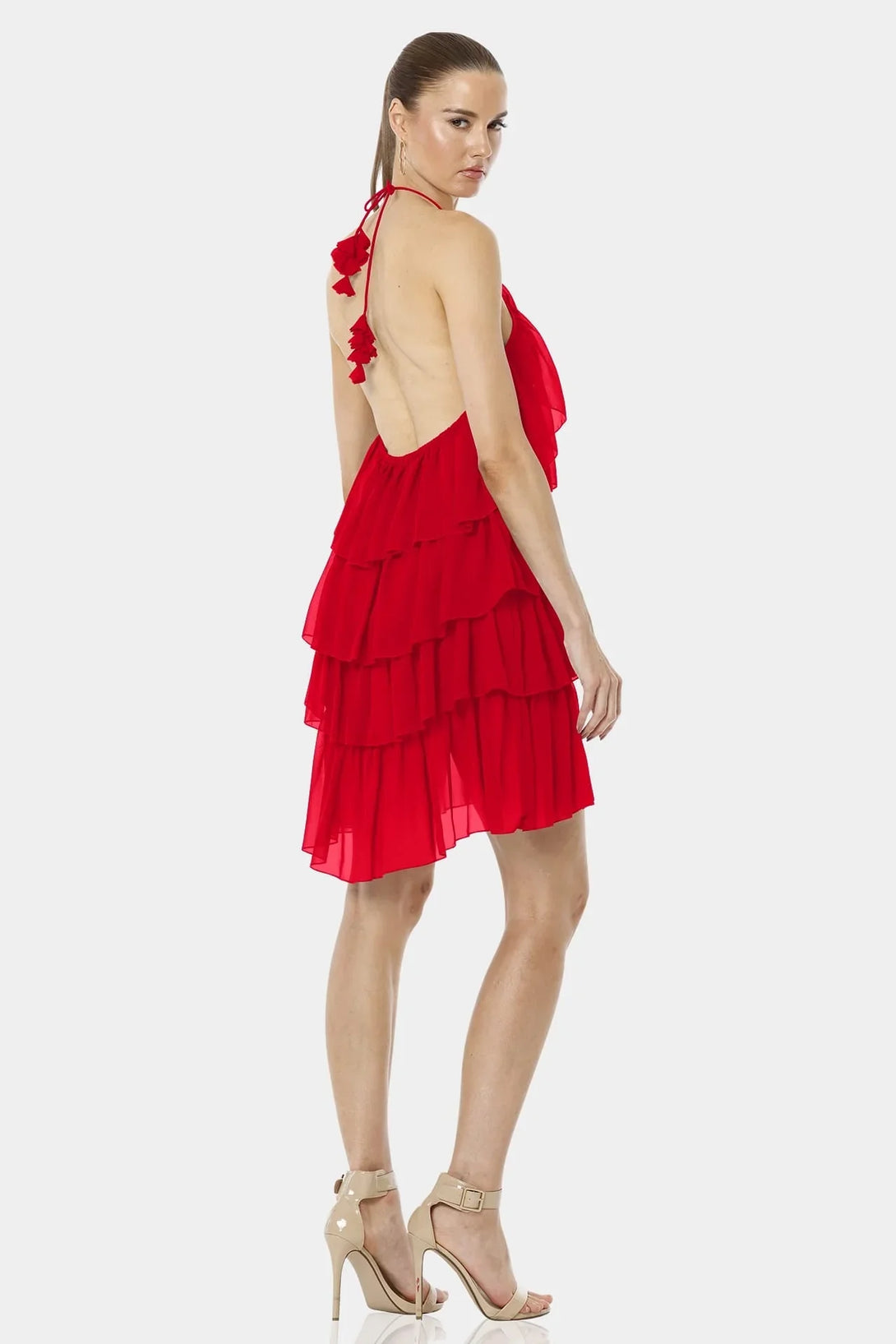 Draped Ruffled Sheer Chiffon Mini Dress