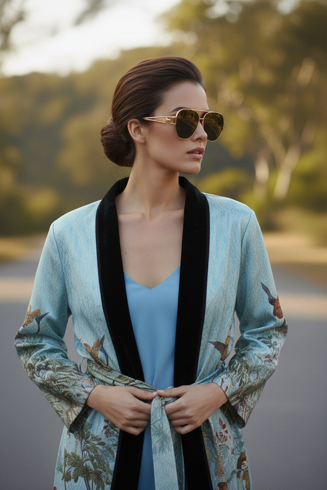 stylish silk robe, botanical print kimono, blue fashion wrap, women’s luxury layer, belt tie kimono