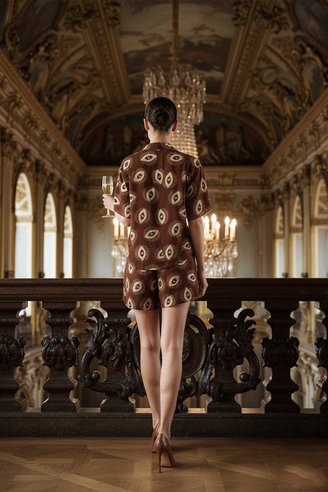 Women’s brown matching co-ord outfit featuring all-over Evil Eye pattern, Shahida