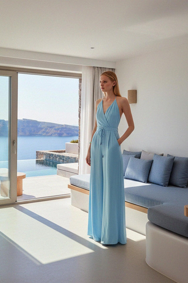 Sky Blue Backless Halter Jumpsuit