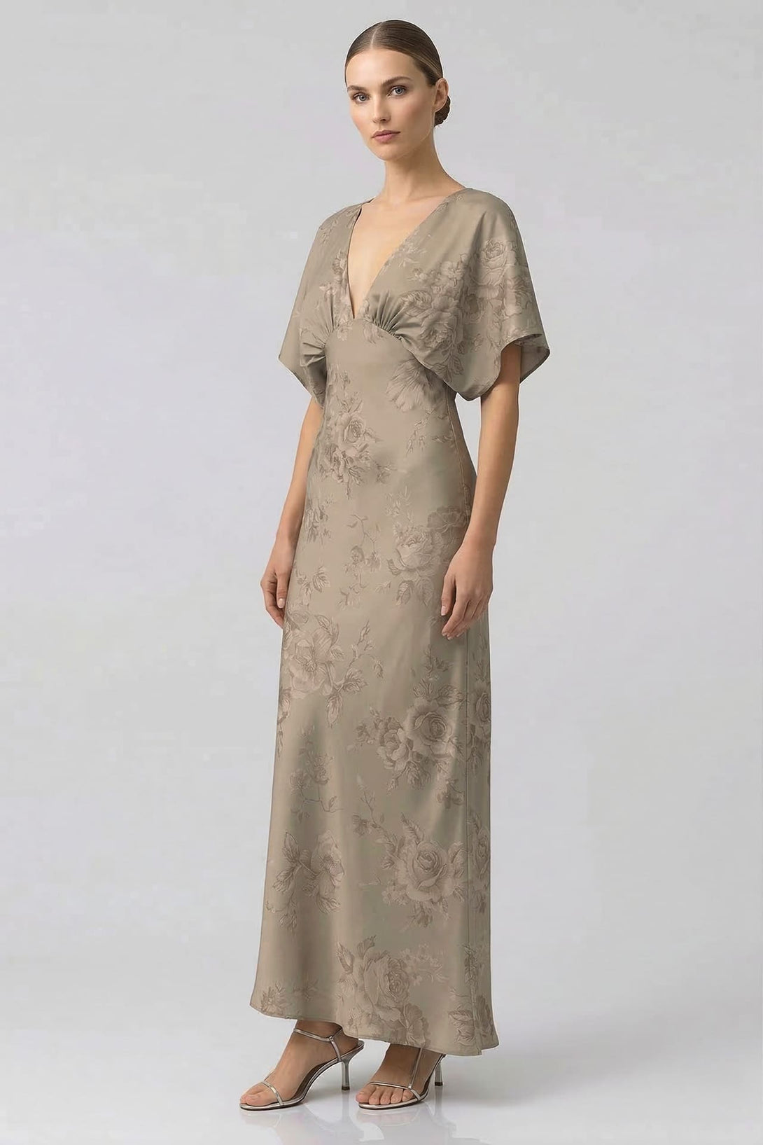 taupe silk bridesmaid dresses BABARONI Open Back Long Satin Gown with V-neck-Taupe, Taupe / US0 main image 0