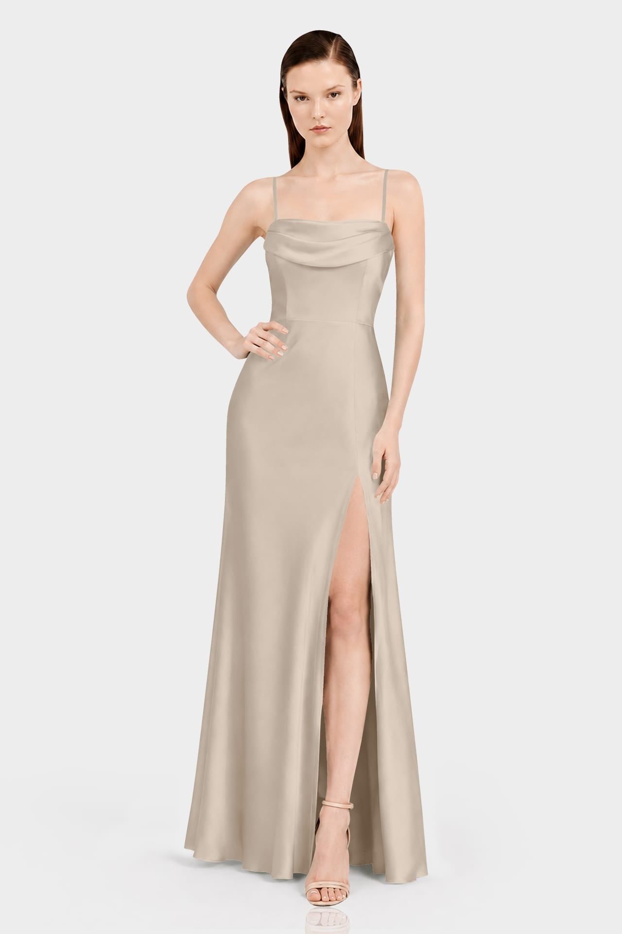 taupe evening dress S Luxury Satin Column Maxi with Draped Bodice and Side Slit 10 Summer Maxi Dresses From Terani Couture DIWALIDRS_2025 Size:72R