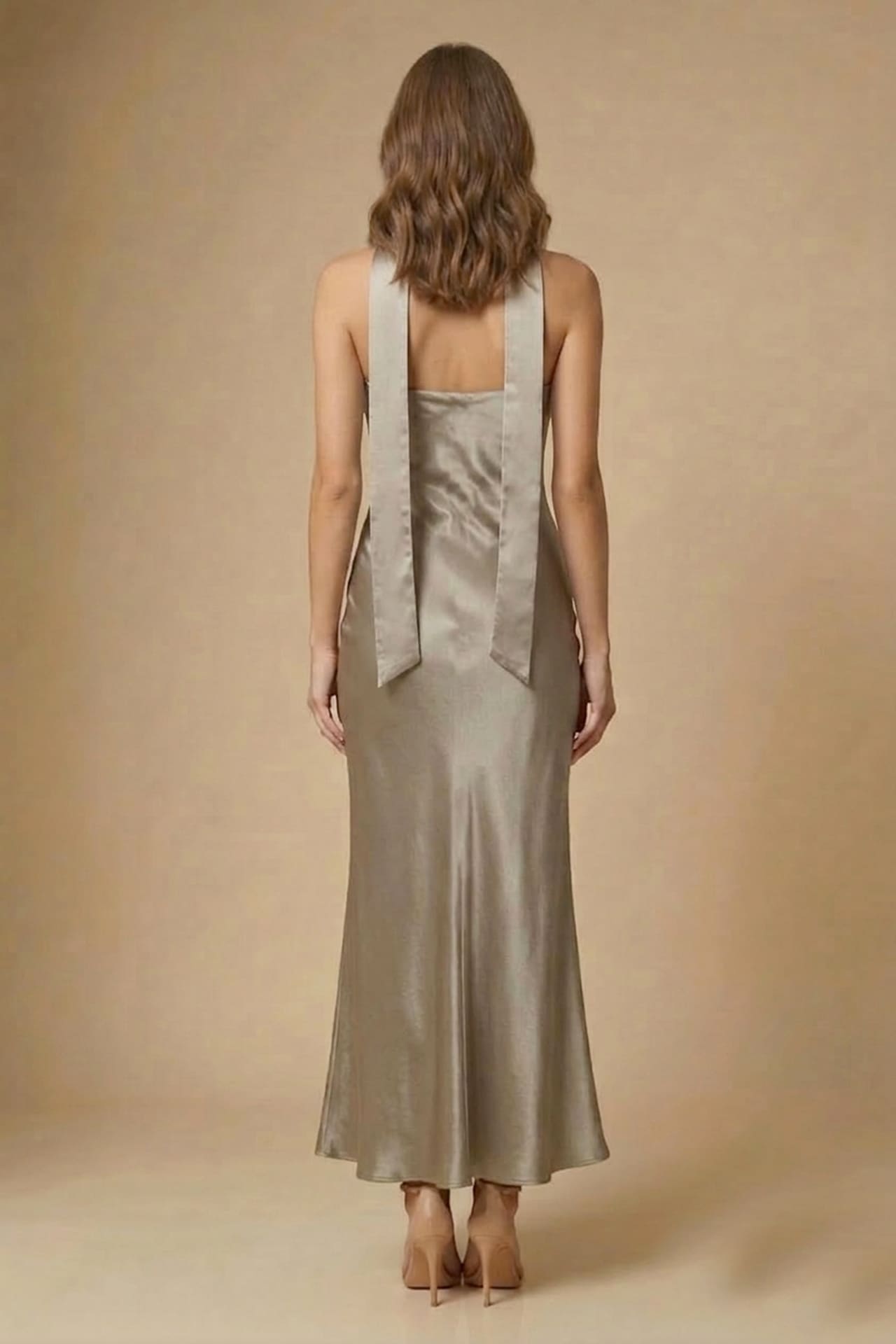 S Taupe Strapless Dress in Satin for Elegant Events
