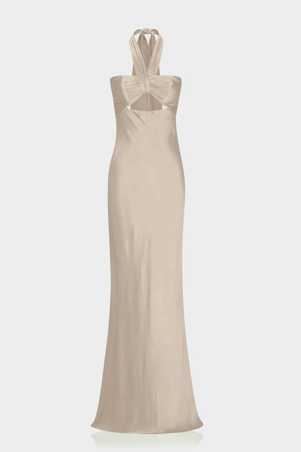 S Luxury Taupe Satin Halter Maxi Dress with Twist Front for Elegant Formal Occasions