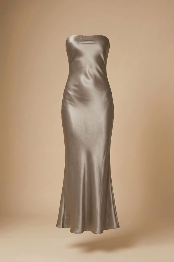 S Taupe Strapless Dress in Satin for Elegant Events