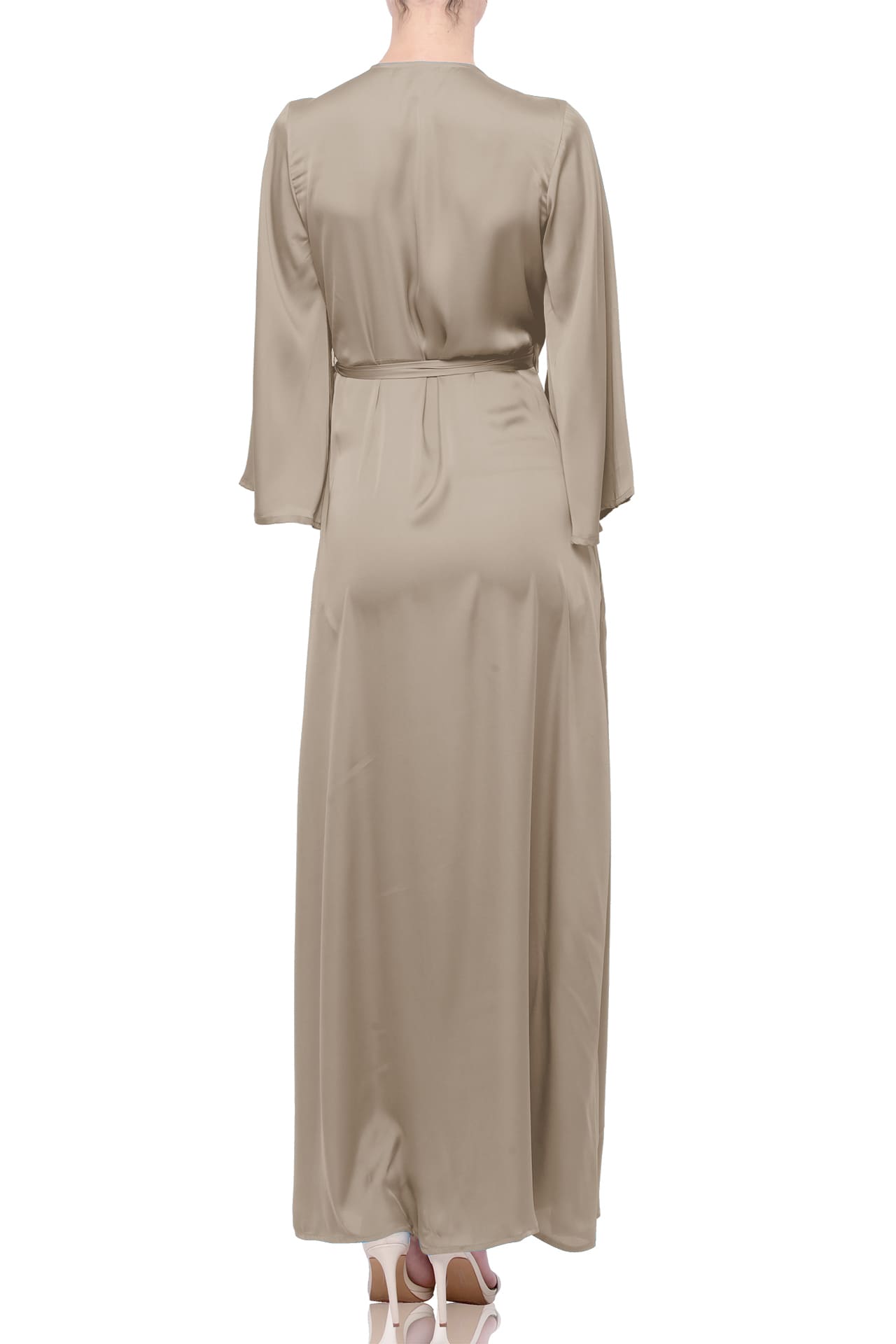 S Taupe Satin Wrap Maxi Bridesmaid Dress