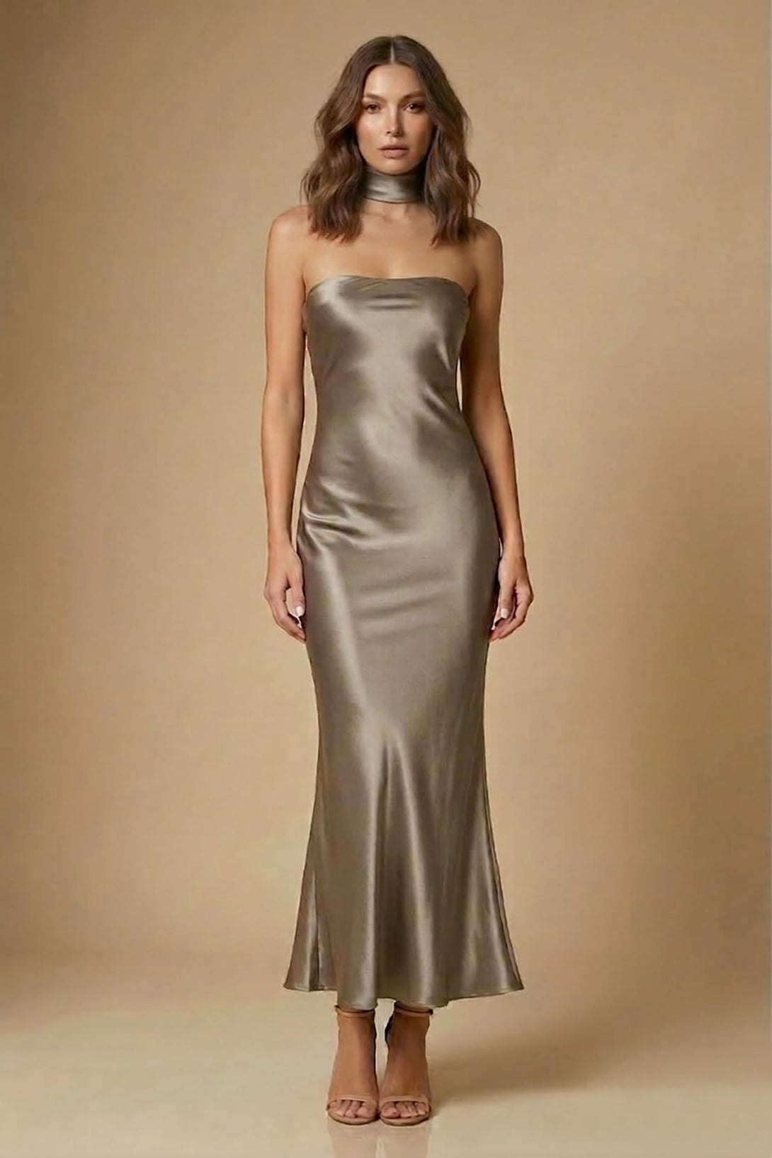S Taupe Strapless Dress in Satin for Elegant Events S Taupe Strapless Dress in Satin for Elegant Events