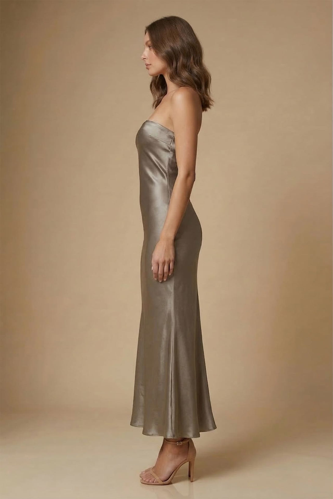 silver strapless midi dress Strapless Fitted Midi Dress with Crystal Trim 44894