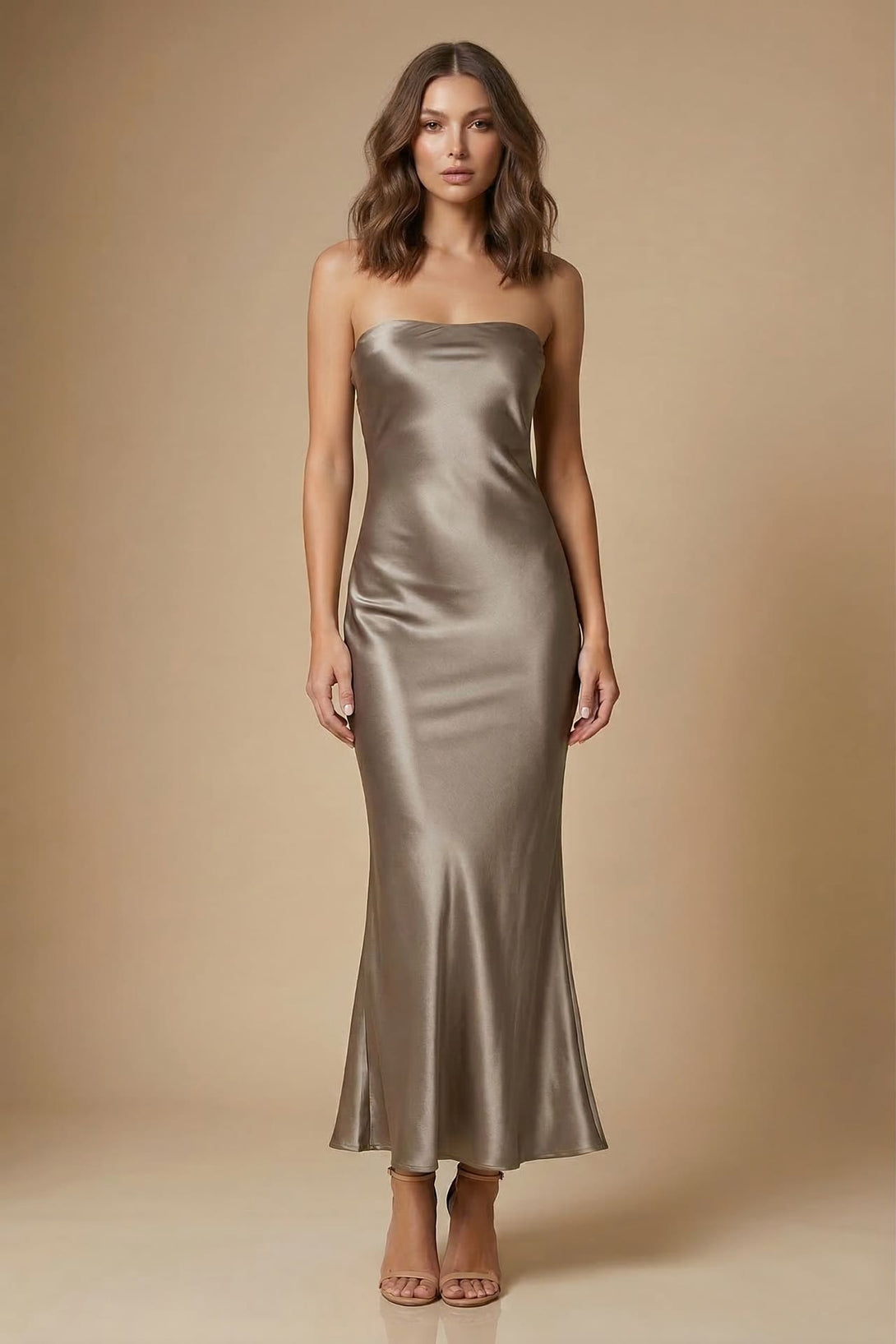 S Taupe Strapless Dress in Satin for Elegant Events