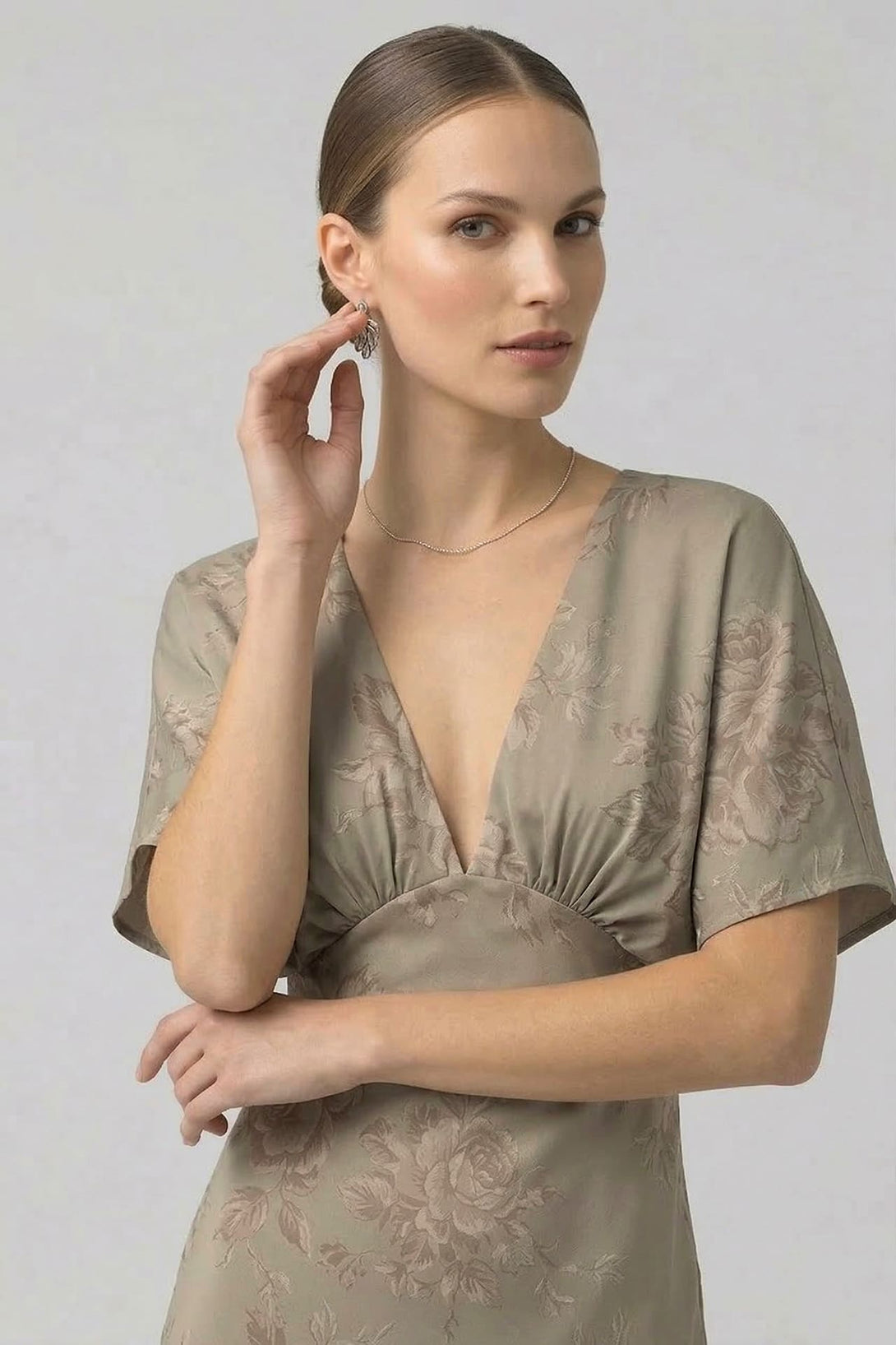Standard / XS Shasi Taupe Floral Bridesmaid Deep-V Flutter-Sleeve Satin A-Line Gown- Summer Wedding Dress