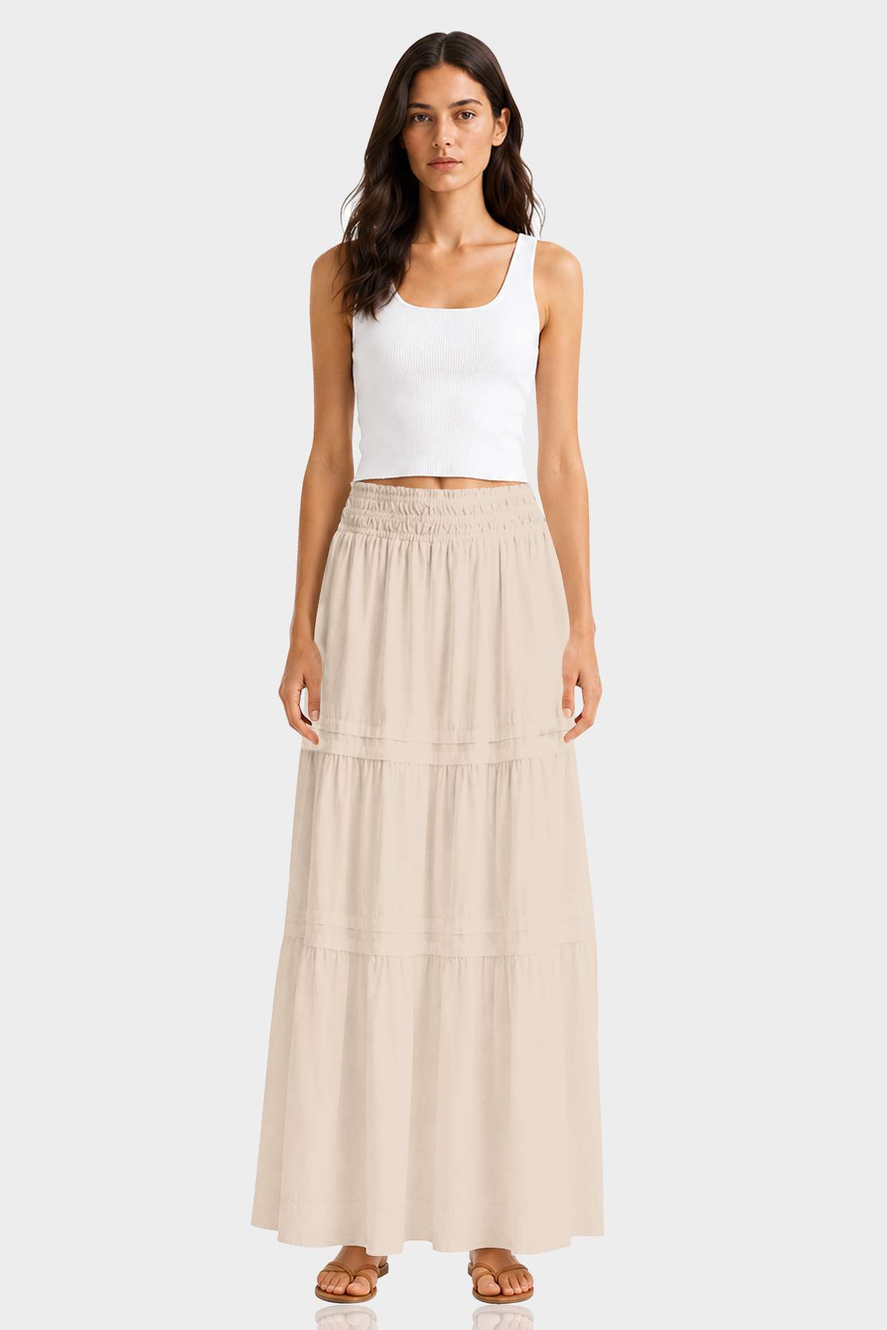 Taupe Travel Friendly Tiered Cotton Maxi Skirt | Day to Night