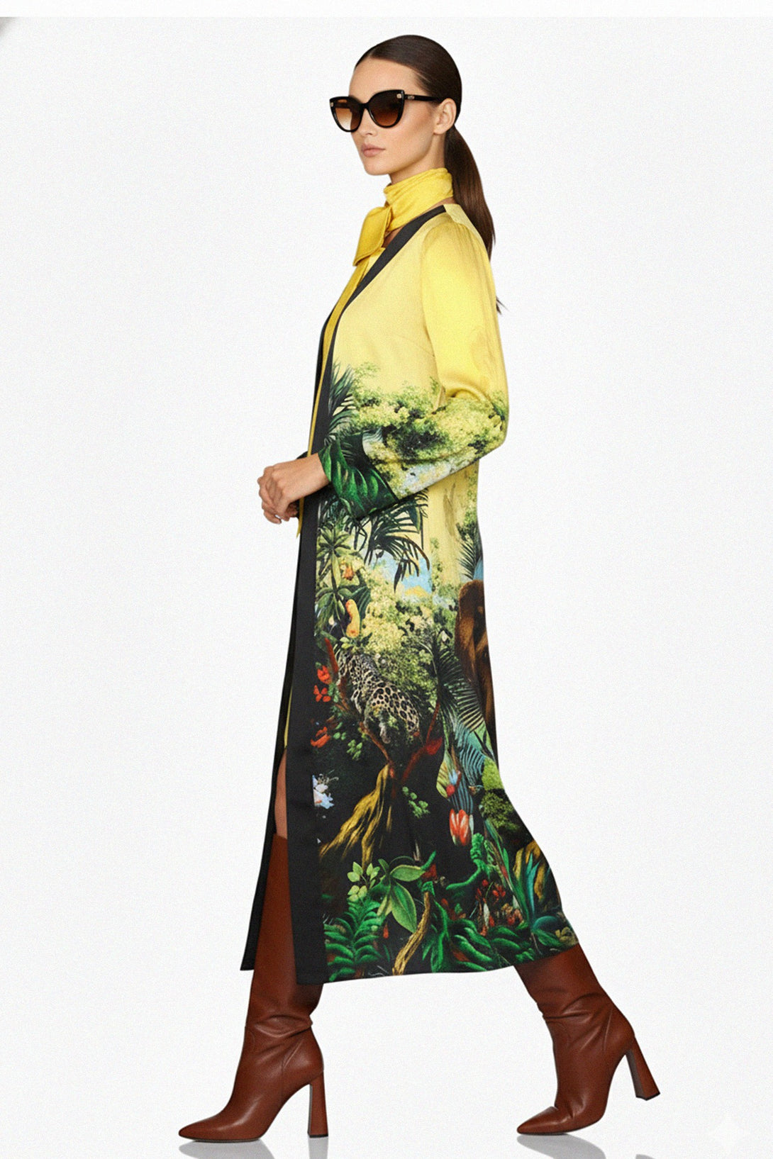 luxury coat, jungle print, silk outerwear, wildlife design, longline coat, runway style, bold fashion