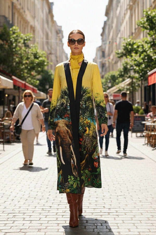 luxury coat, jungle print, silk outerwear, wildlife design, longline coat, runway style, bold fashion
