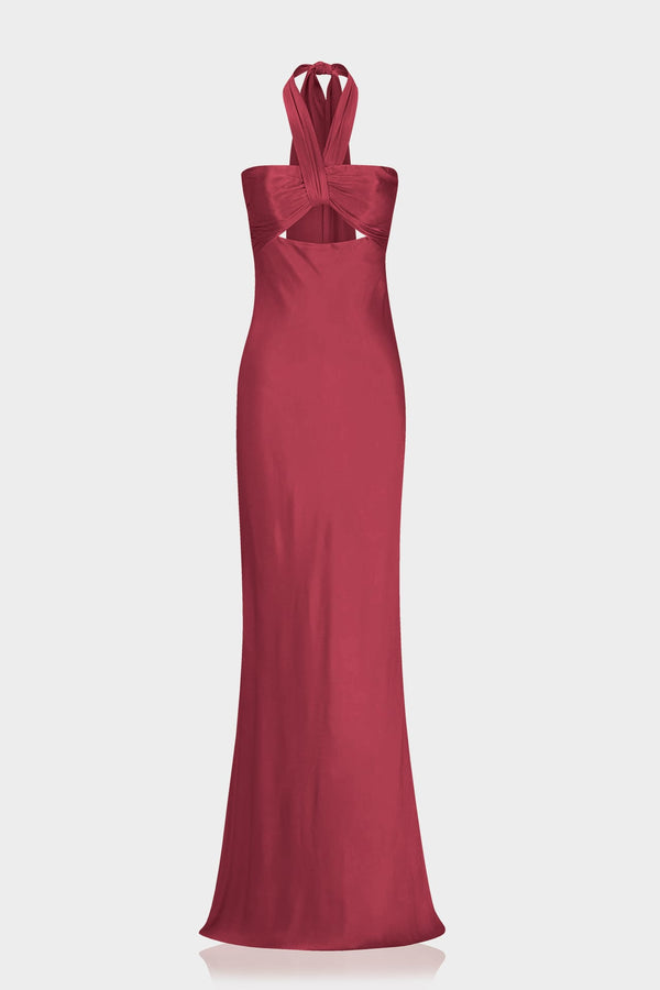 S Designer Burgundy Matte Satin Maxi Dress with Halter Neck & Front Cut Out